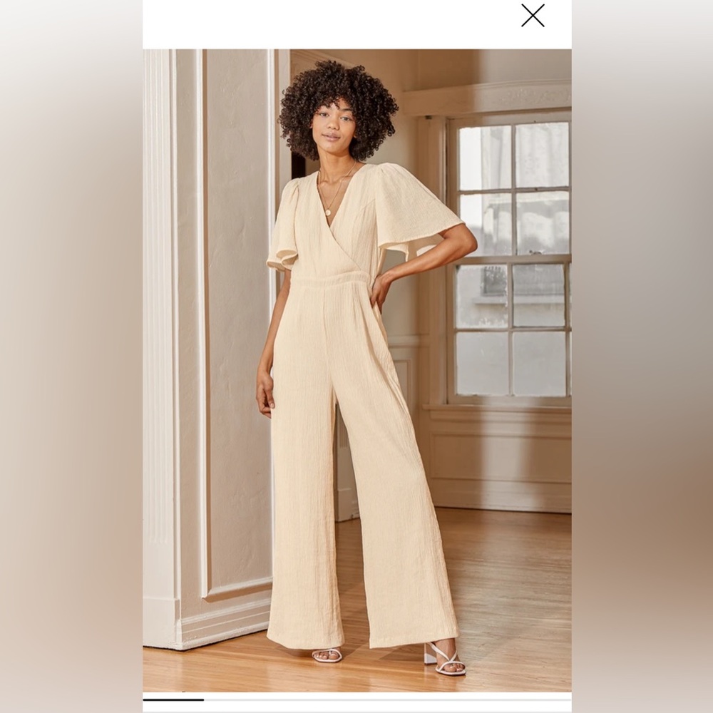 Lulu’s Heart's Desire Cream Flutter Sleeve Surplice Wide-Leg Jumpsuit